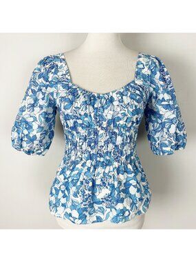 Gap Peplum Blue Floral Top Milkmaid Smocked Waist Boho Cottagecore Size XS Women